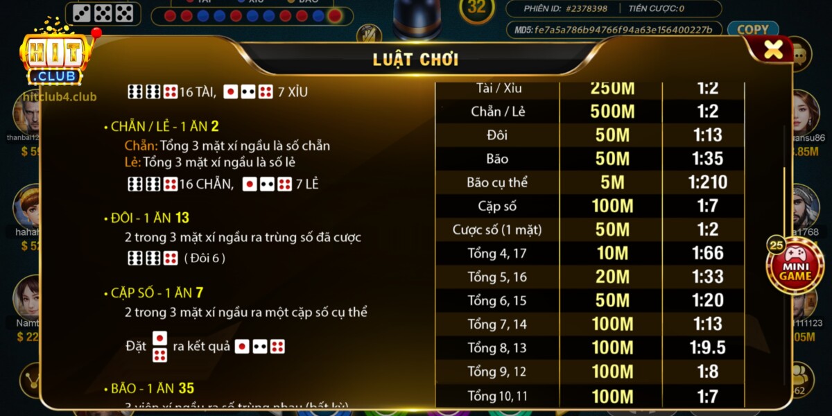 Các cửa đặt cược trong một bàn cược Sicbo Hitclub