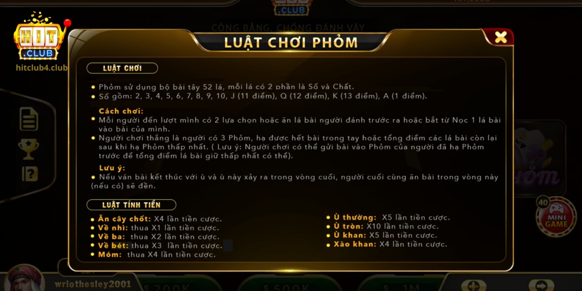 Cách tính tiền cược đơn giản trong game bài Phỏm tại Hitclub
