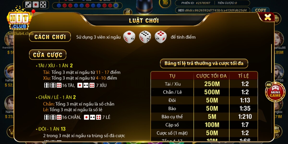 Luật chơi game Sicbo tại cổng game Hitclub